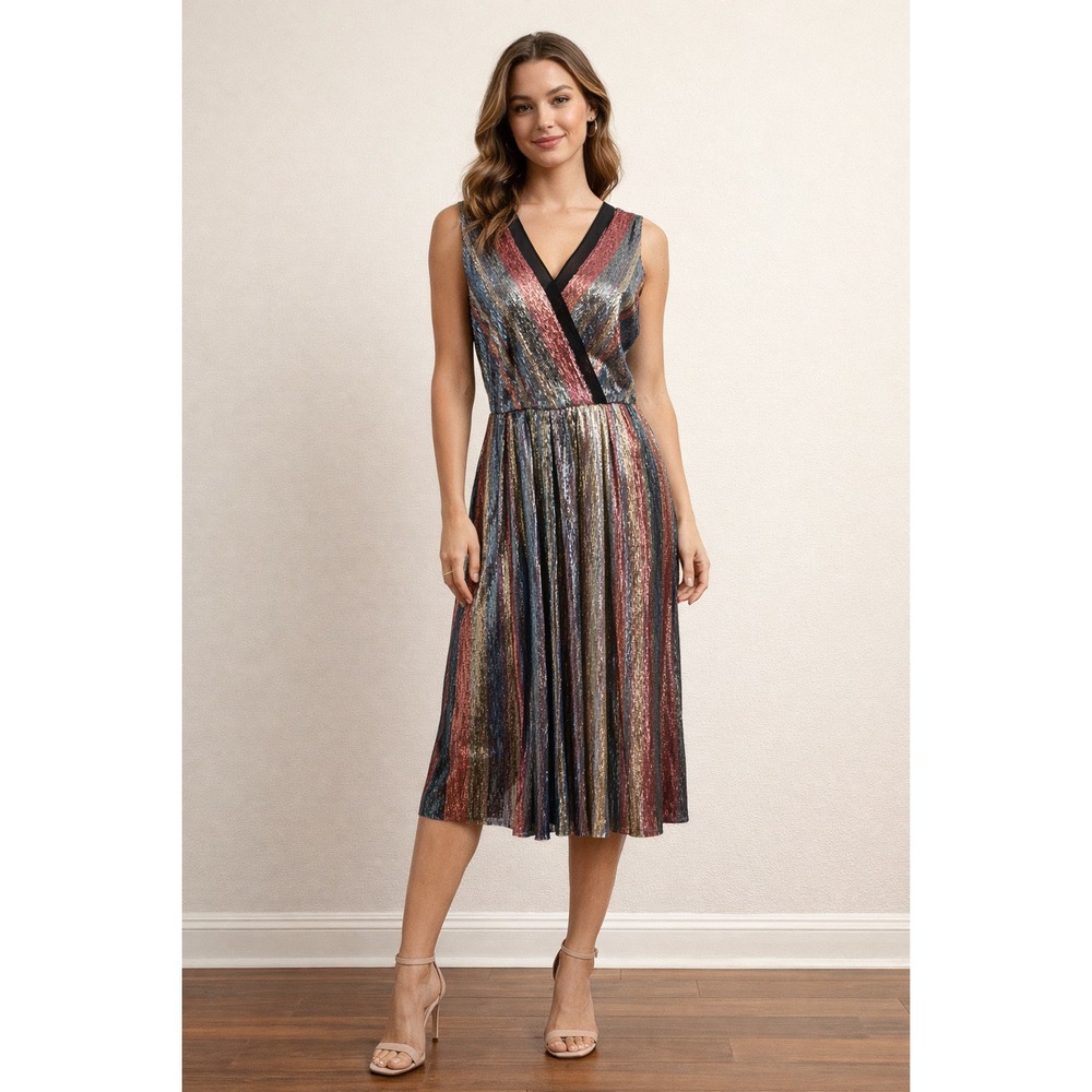Julia Jordan Multi Color Striped Sequin V-Neck‎ Midi Dress Size 8
